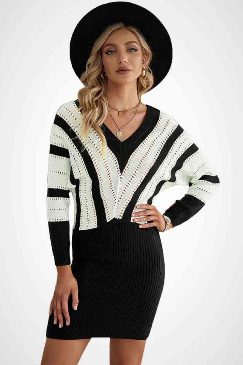 Color Block Striped Wrap Sweater Dress