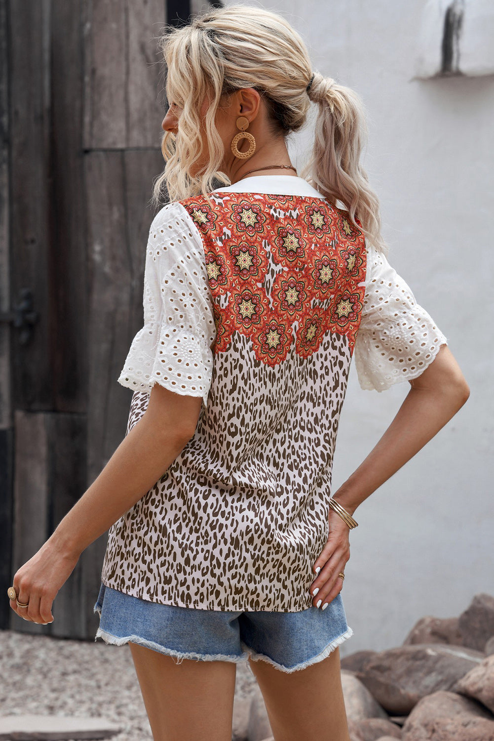 Mixed Print Eyelet Flounce Sleeve Buttoned Top