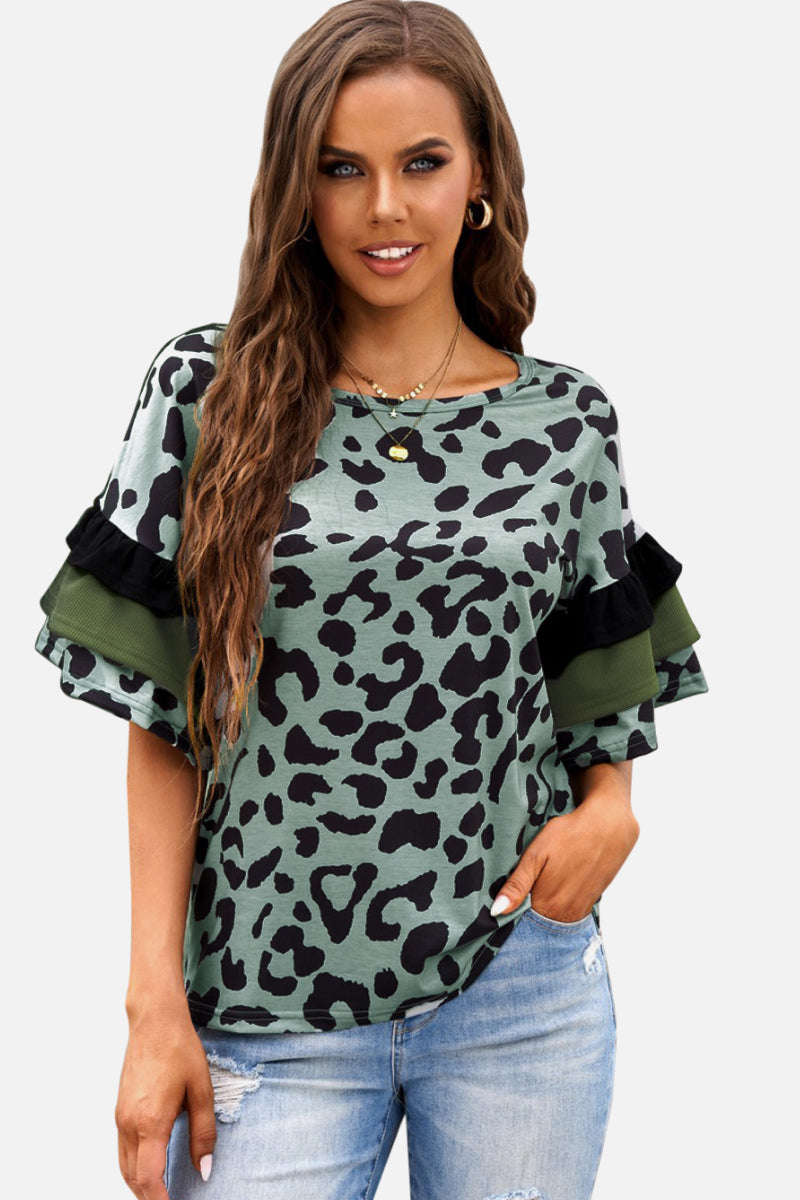 Leopard Ruffled Sleeves Top