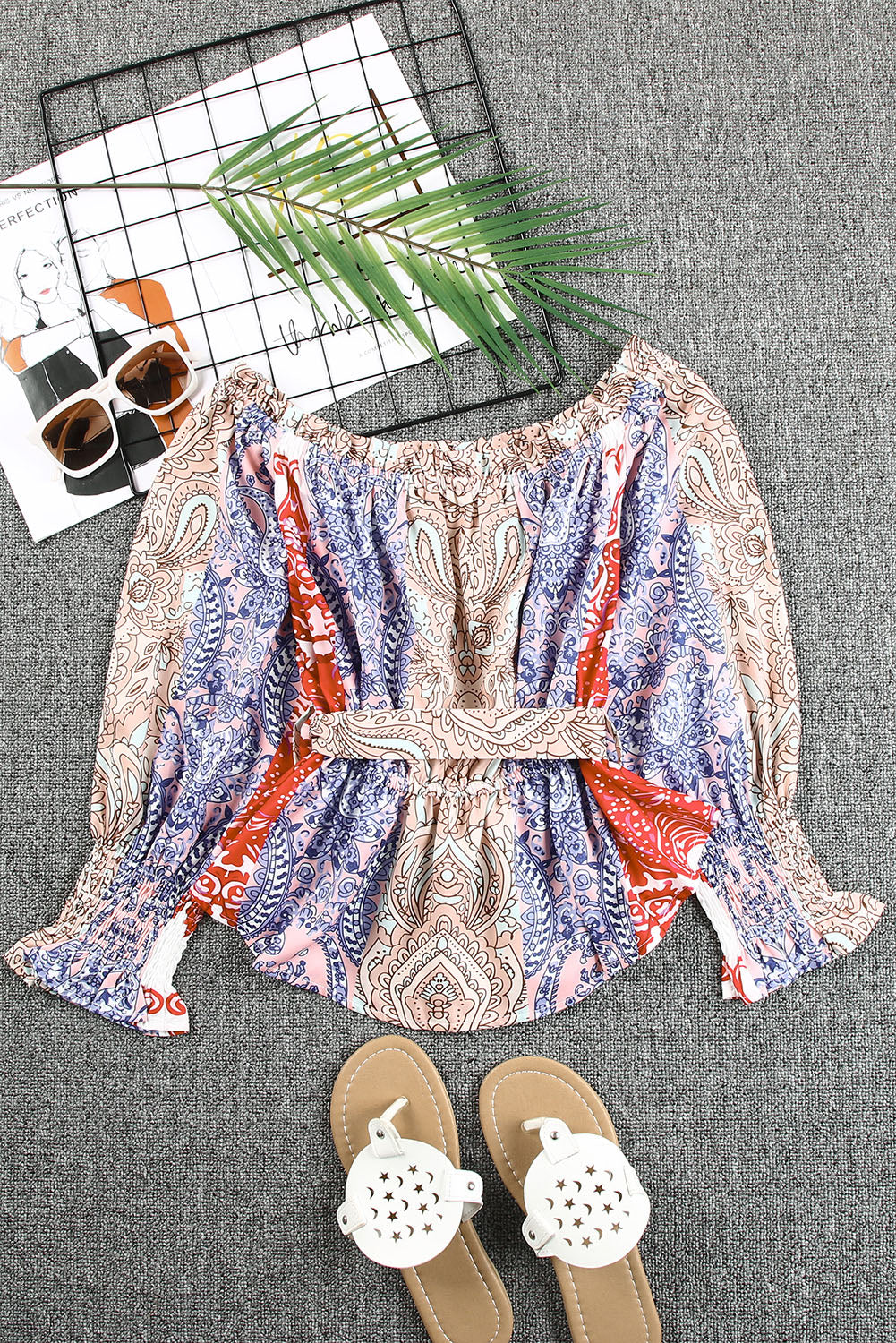 Printed Tie-Waist Off-Shoulder Blouse