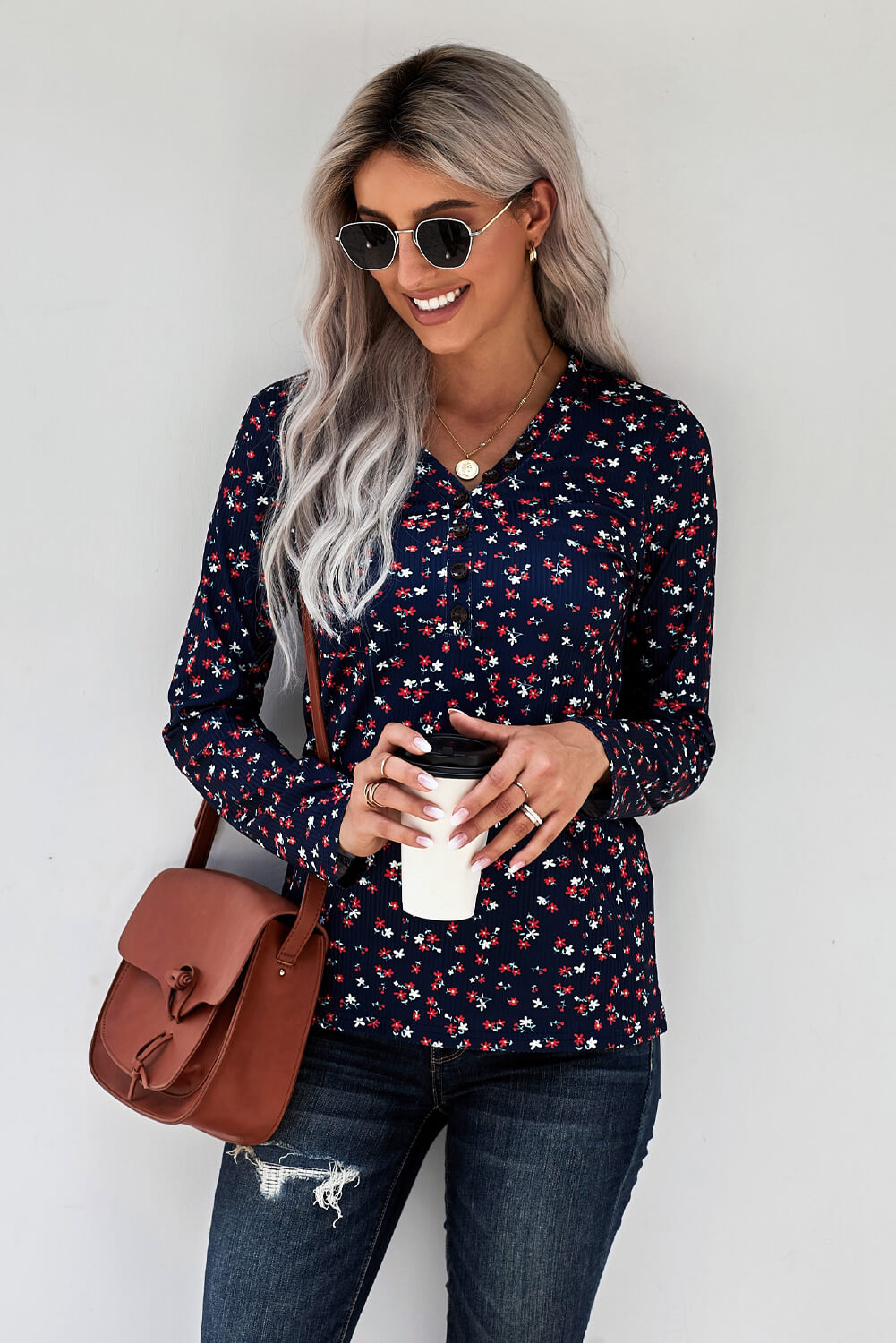 Button V-Neck Floral Top