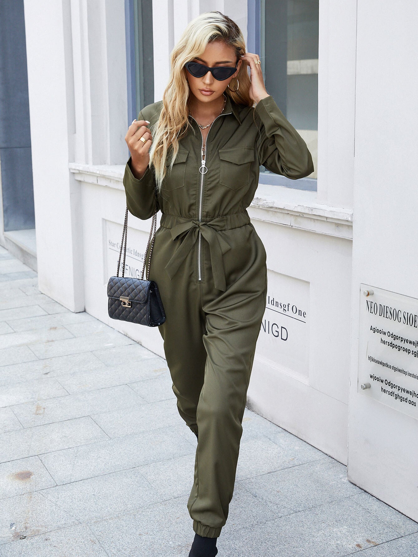 Zip Up Drawstring Waist Jogger Jumpsuit