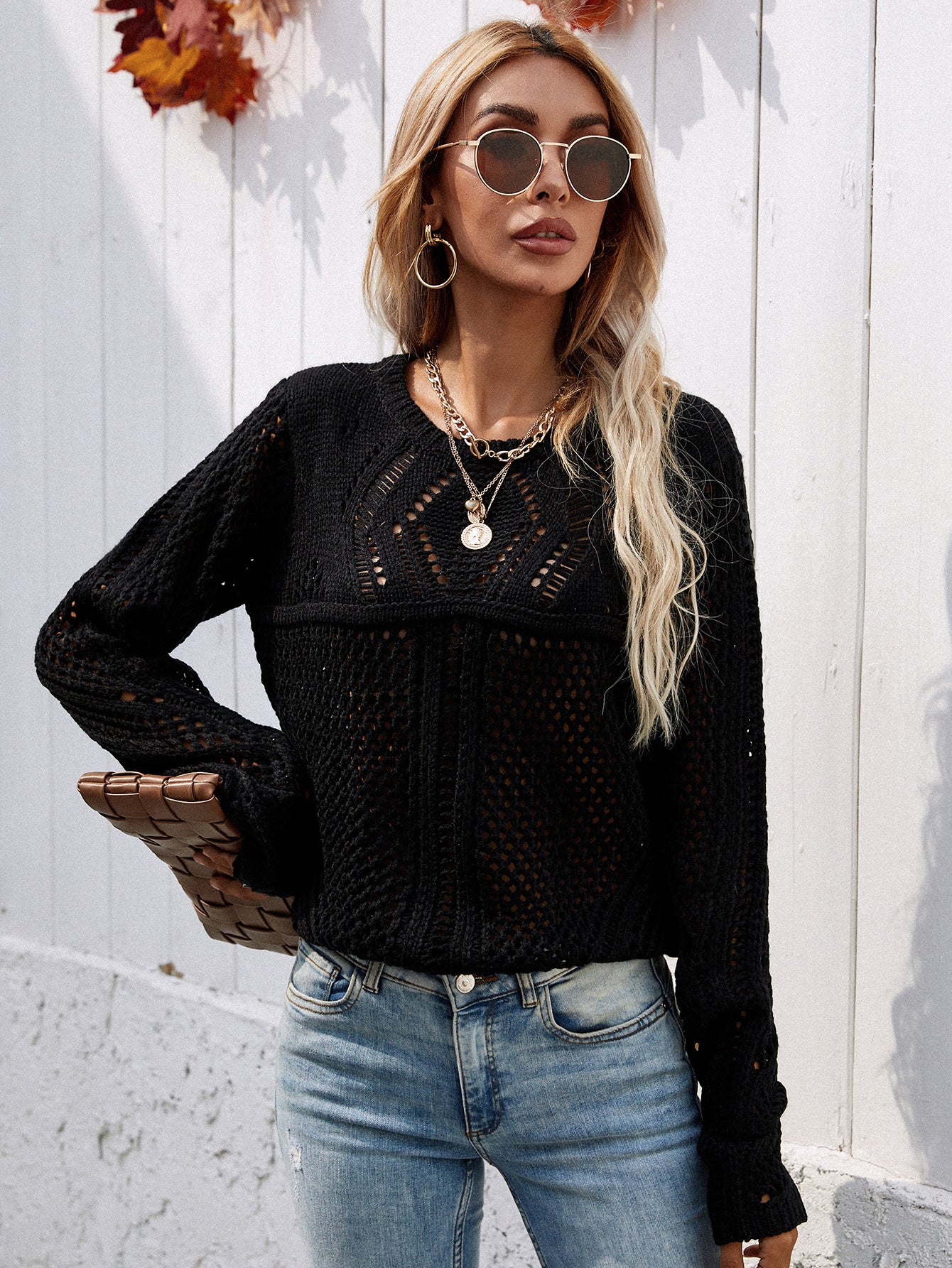 Round Neck Openwork Sweater