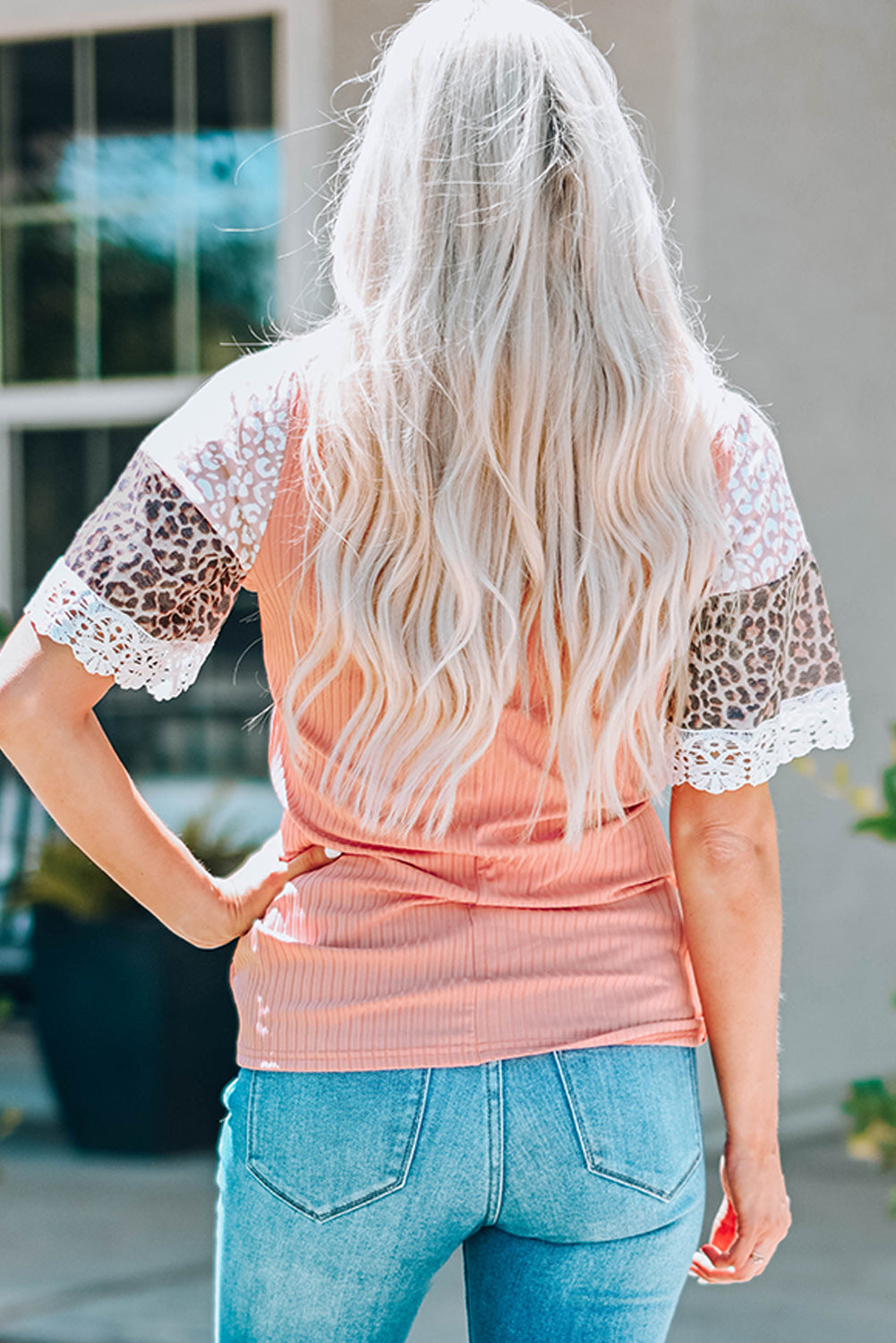 Leopard Lace Trim Spliced Ribbed Top