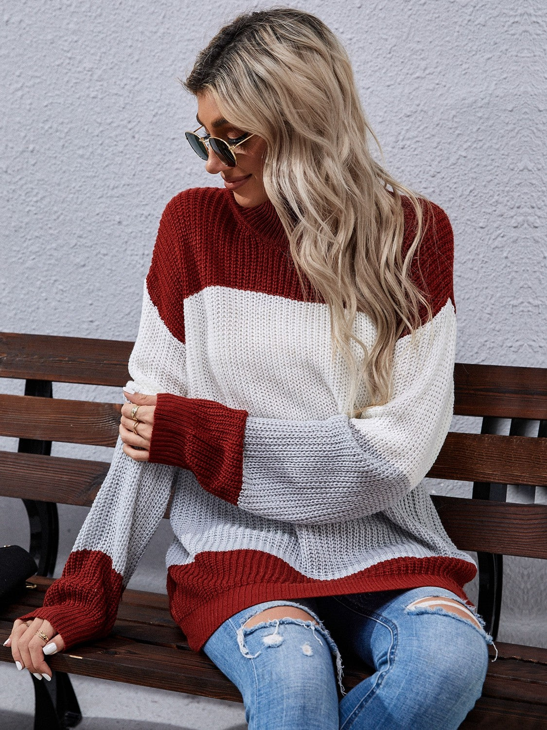 Color Block Rib-Knit Tunic Sweater