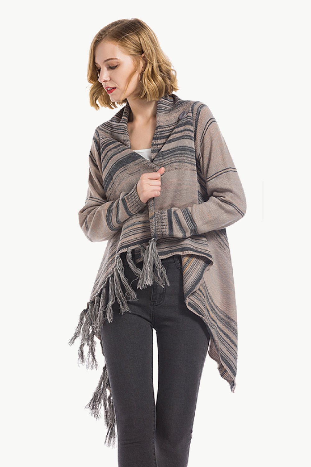 Striped Asymmetrical Tassel Detail Cardigan