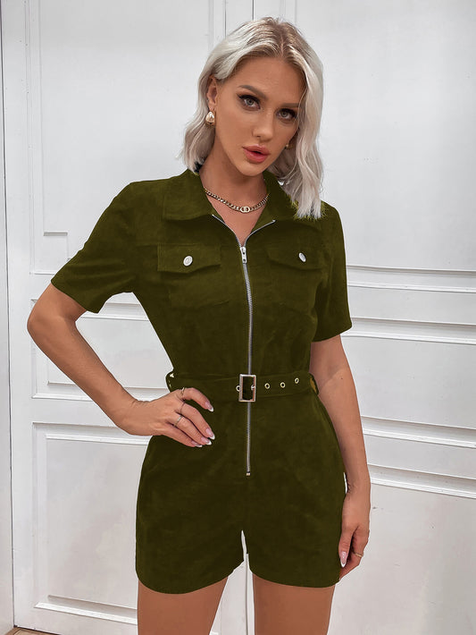 Zip Up Belted Short Sleeve Collared Romper