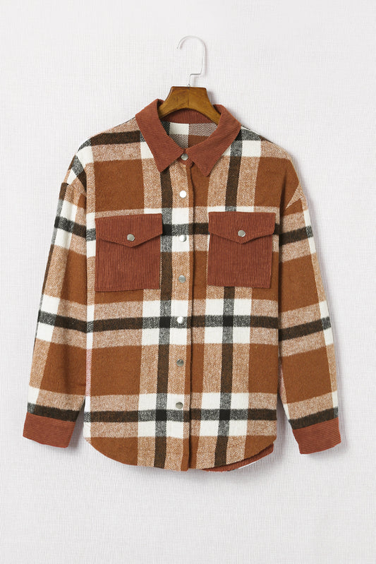 Plaid Curved Hem Shirt Jacket with Pockets