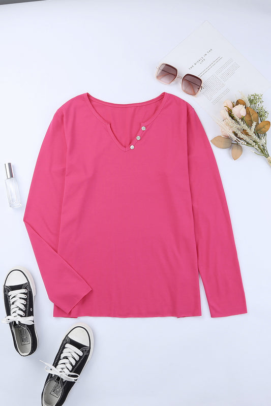 Decorative Button Notched Long Sleeve Top