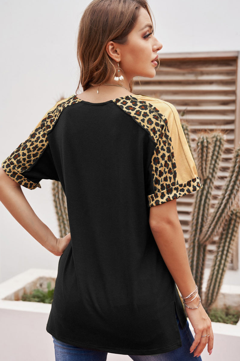 Leopard Print Color Block Sleeves Tunic Top