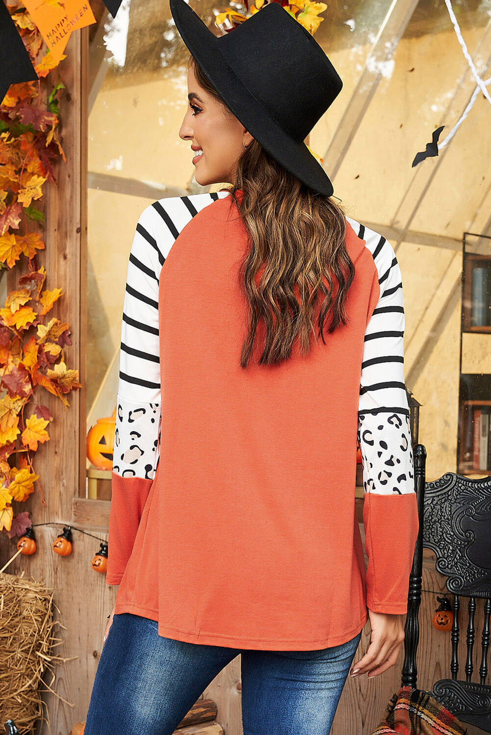 Halloween Graphic Mixed Print Raglan Sleeve Top