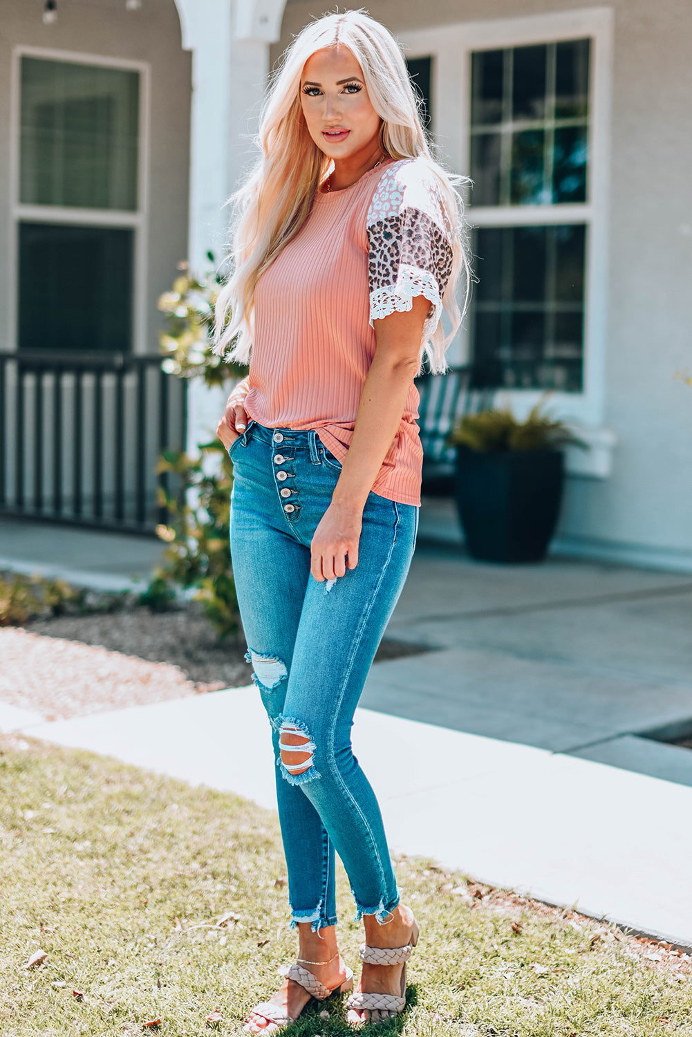 Leopard Lace Trim Spliced Ribbed Top