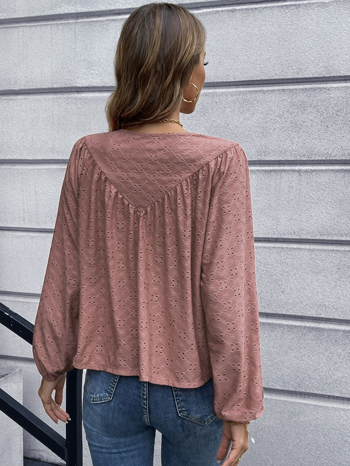 Openwork Gathered Detail Balloon Sleeve Blouse