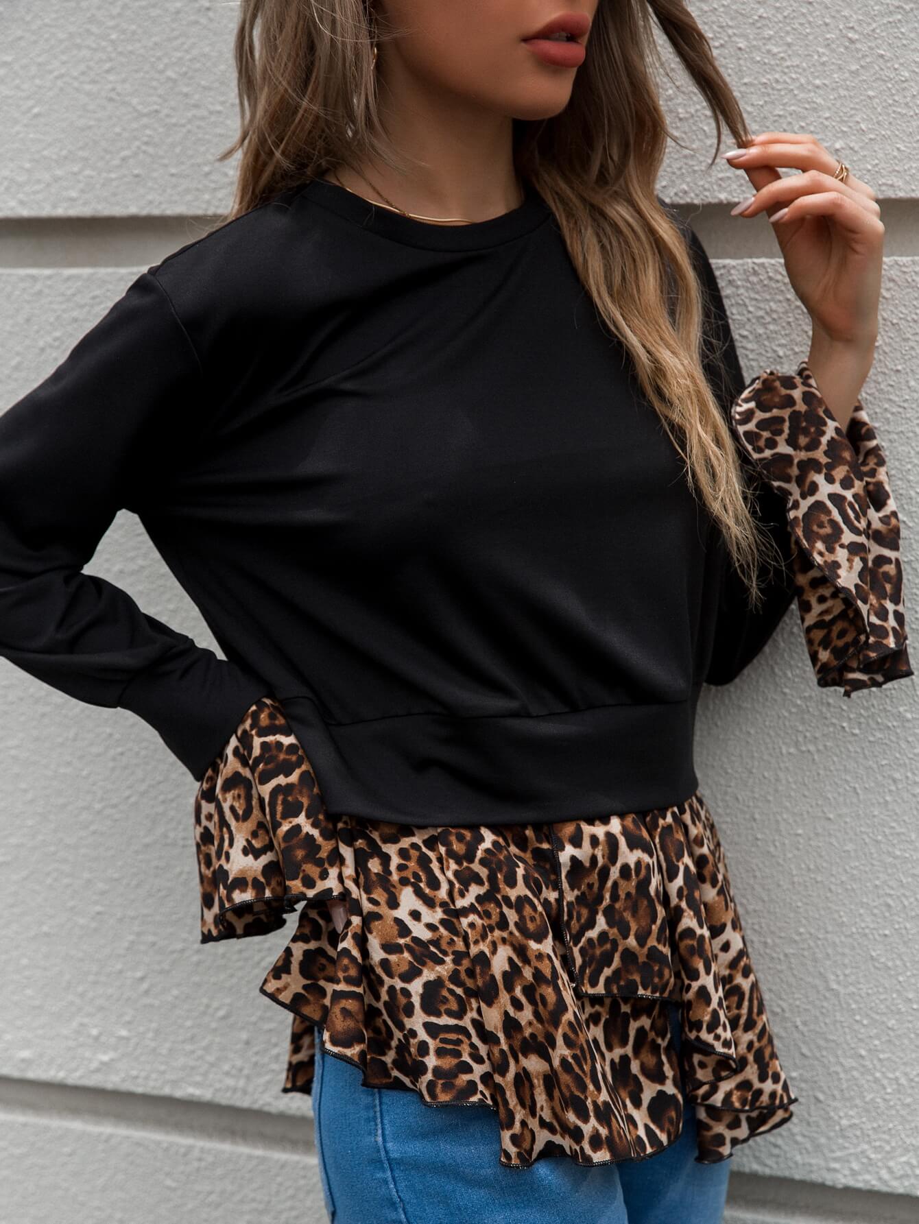 Leopard Spliced Ruffle Hem Round Neck Top