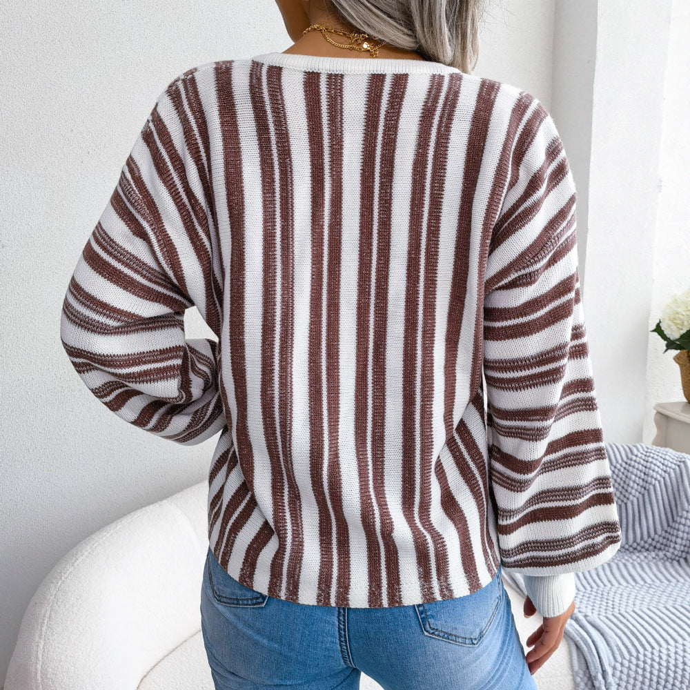 Striped Lace-Up V-Neck Sweater