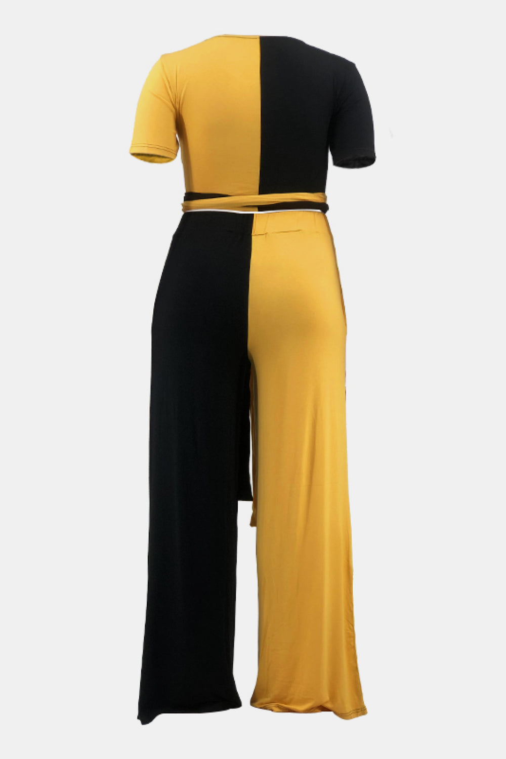 Plus Size Two-Tone Tie Front Top and Pants Set with Pockets