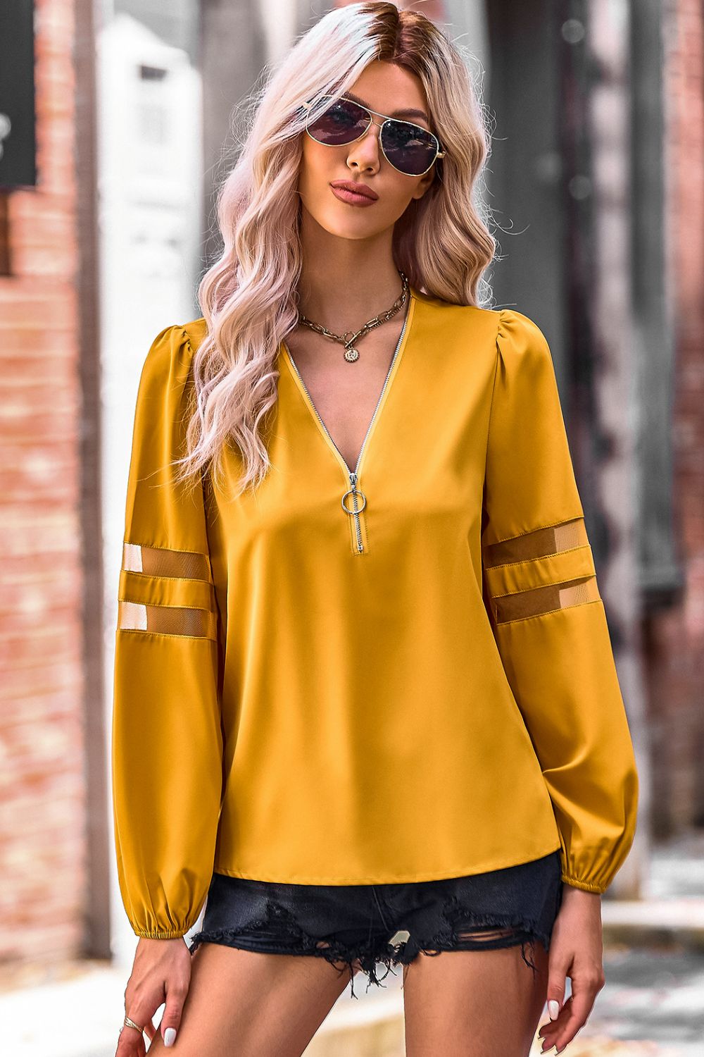 Zip Up V-Neck Puff Sleeve Top