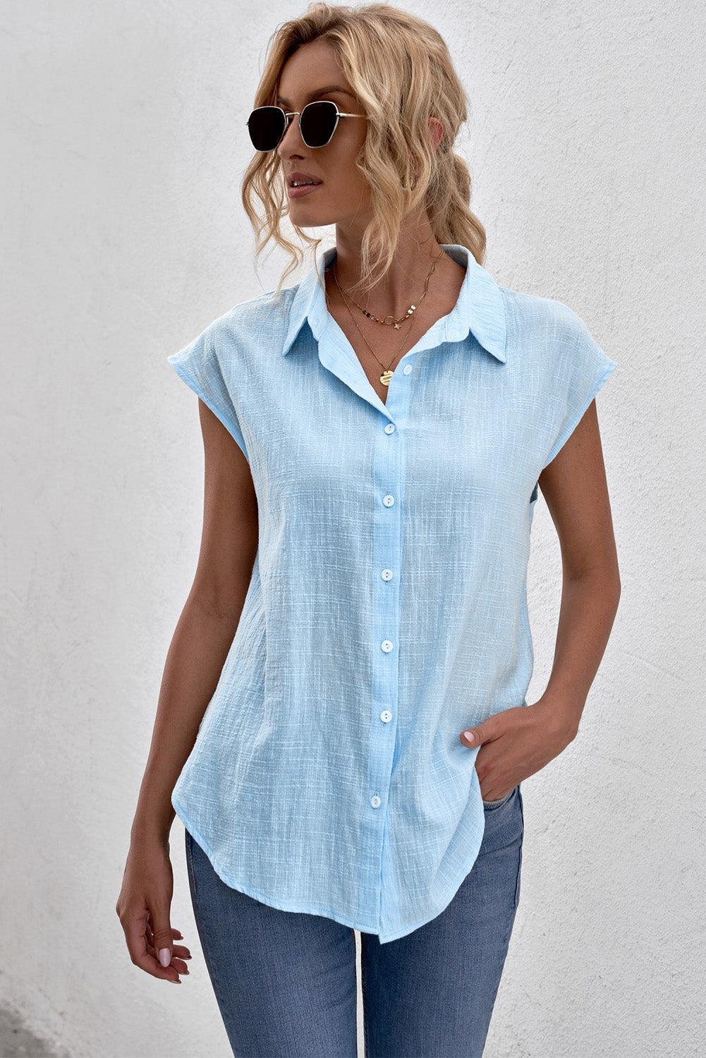 Cap-Sleeve Button Down Shirt