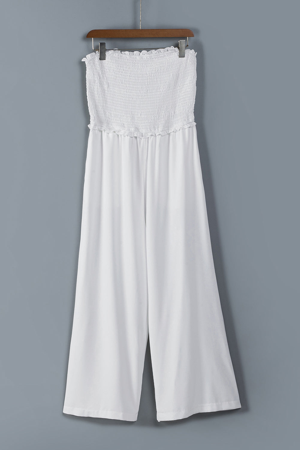 Smocked Frill Trim Strapless Wide Leg Jumpsuit